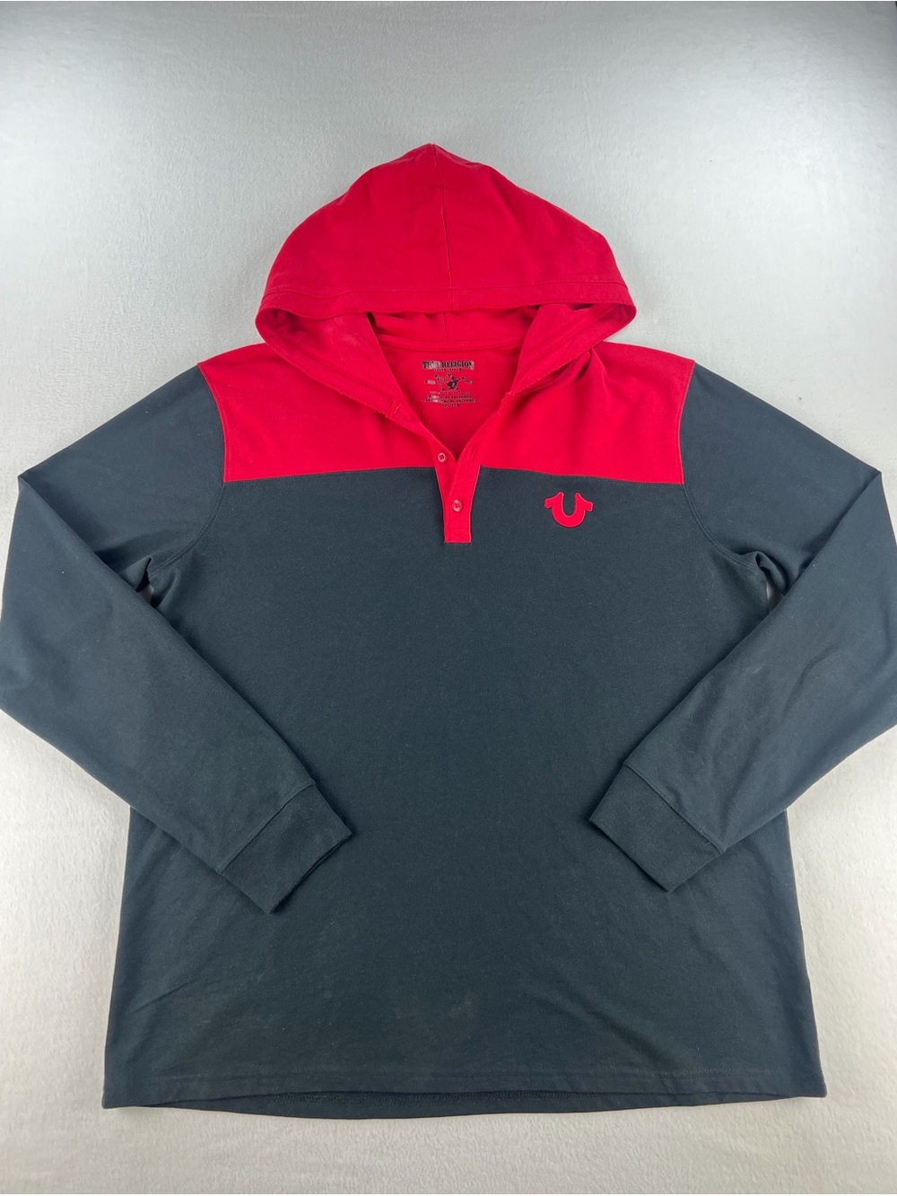 True Religion Men Red & Black Long Sleeve Henley Button Hooded Shirt Sz XXL